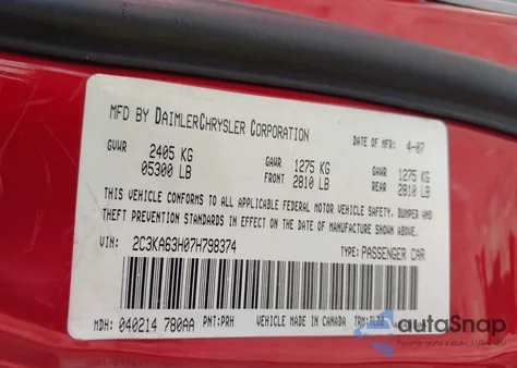 2007 Chrysler 300C z USA, uszkodzony, nr VIN 2C3KA63H07H798374